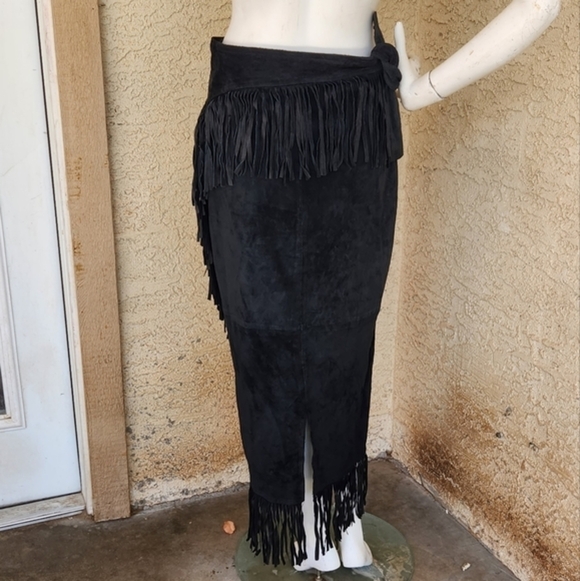 SPRING WEST WRAP REAL LEATHER 80s 90s fringe‎ hem midi pencil skirt WESTERN - Picture 3 of 5
